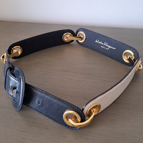 Salvatore Ferragamo Belt Navy White Leather Gold Links Made in Italy VTG 90s S/M